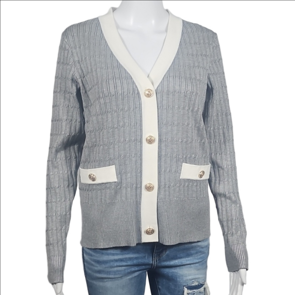 Adrianna Papell Gray & White Soft Cable Knit Gold Button Down Cardigan Sweater